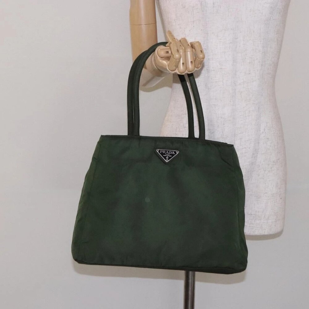 PRADA Tote Bag Nylon Khaki Silver Auth